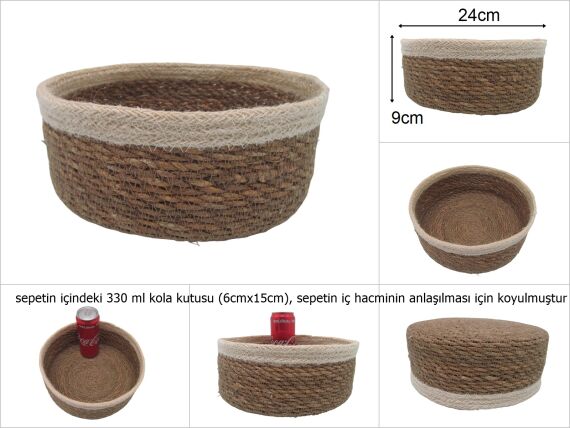 sd19678 hasır+tekstil örgülü no6 dekoratif yuvarlak sepet - 1