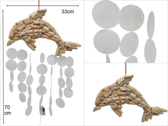 sd34739 ahşap yunus balığı dekorlu sedef rüzgar çanı - 1