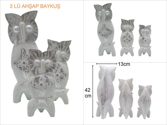 sd48298 dekoratif simli boyalı ahşap baykuş ailesi 3 lü set - 1