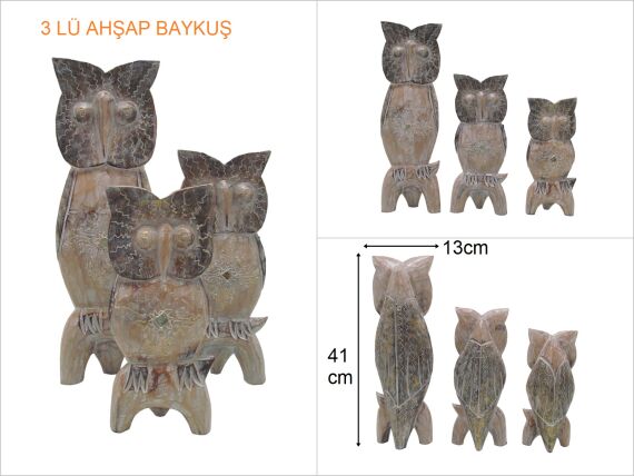 sd48299 dekoratif simli boyalı ahşap baykuş ailesi 3 lü set - 1