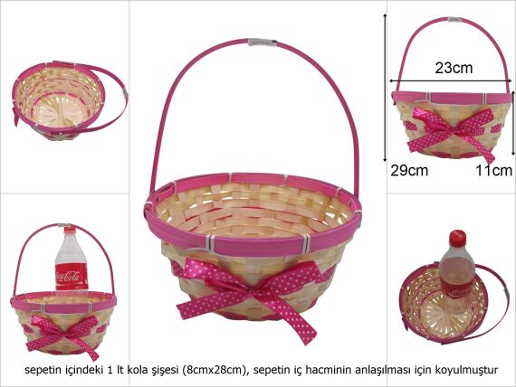 sd49731 yana yatan saplı pembe kurdeleli yuvarlak bambu sepet - 1