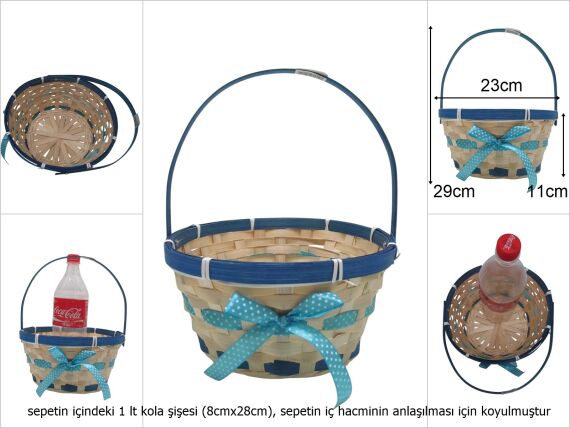 sd49733 yana yatan saplı mavi kurdeleli yuvarlak bambu sepet - 1